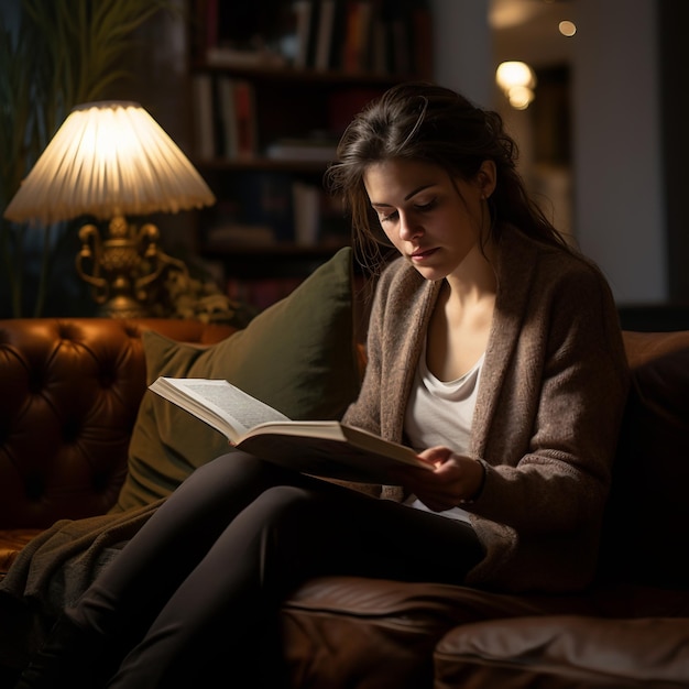 Zdjęcie kobiety czytającej książkę, siedzącej na sofie