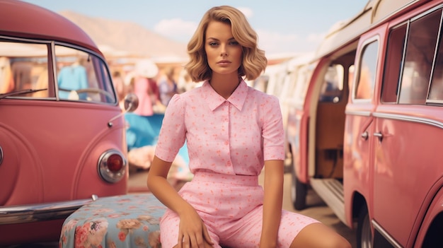 Zdjęcie kobiety, która wygląda jak Margot Robbie opierająca się o pełnowymiarowy różowy samochód Barbie
