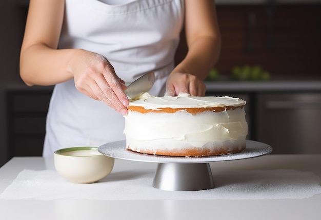 Zdjęcie zdjęcie kobiety-kucharki piekarni, która robi i dekoruje ciasta