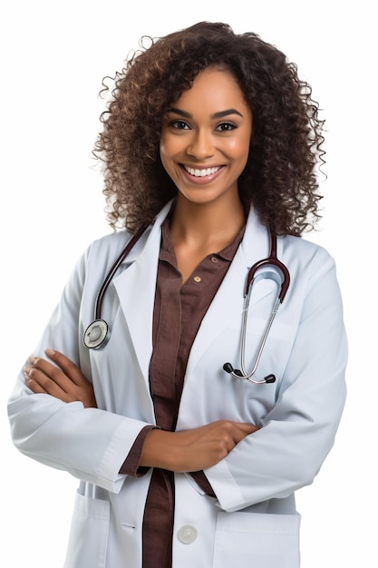 zdjęcie kobiety lekarza lekarza w mundurze medycznym ze stetoskopem krzyżowane ramiona na klatce piersiowej uśmiechając się