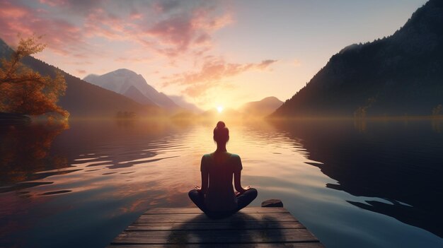 Zdjęcie zdjęcie kobiety medytującej nad jeziorem