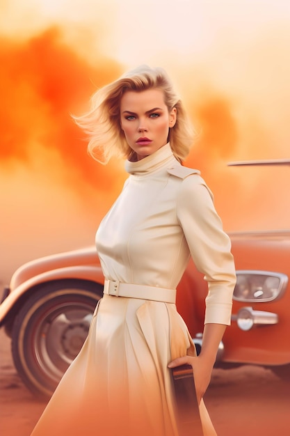 Zdjęcie kobiety na pustyni z motywem filmowym samochodu dodatkowa scena kolorowo modna