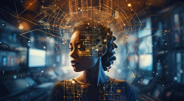 zdjęcie kobiety otoczonej technologią i futurystycznymi informacjami w stylu afro