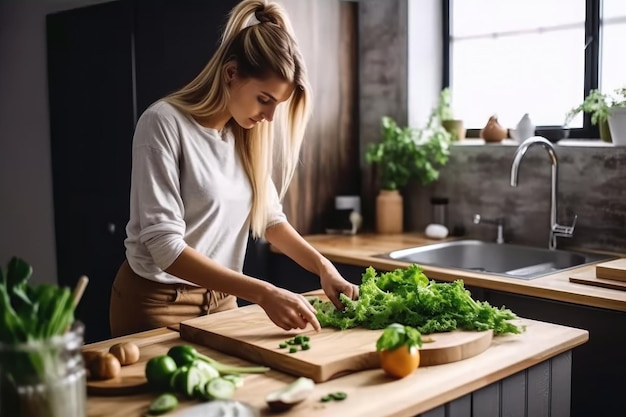 Zdjęcie kobiety przygotowującej sałatkę w kuchni stworzonej za pomocą generatywnej sztucznej inteligencji
