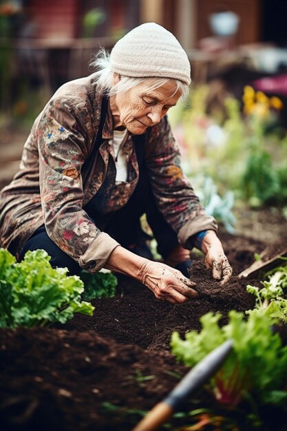Zdjęcie kobiety sadzącej warzywa ogrodowe na działce społecznej stworzonej za pomocą generatywnej sztucznej inteligencji