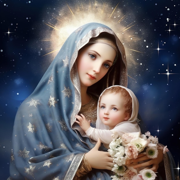 Zdjęcie zdjęcie kobiety trzymającej dziecko i gwiazdę z napisem jezus.