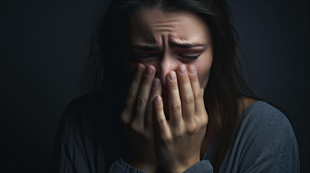 Zdjęcie zdjęcie kobiety w cichym studio, wycierającej łzy z oczu, wrażliwość tej chwili podkreślona przez surowość sceny.