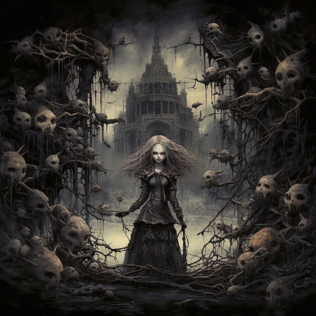 zdjęcie kobiety w ciemnym pokoju z czaszkami i kośćmi