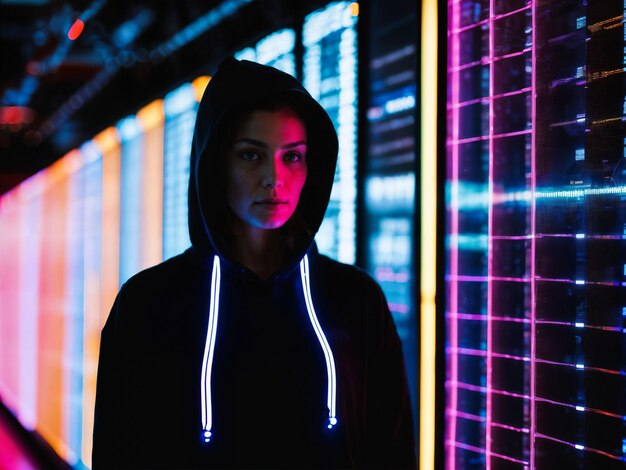 zdjęcie kobiety w czarnej bluzie z kapturem w serwerowniowym centrum danych z generatywną sztuczną inteligencją w świetle neonów