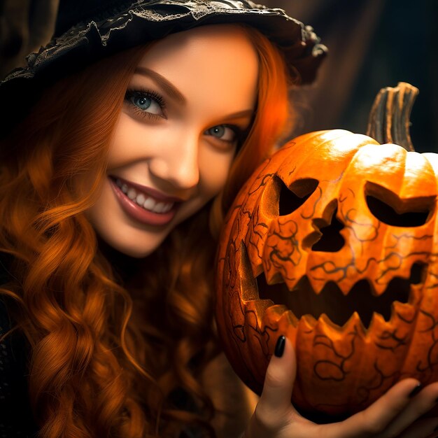 Zdjęcie kobiety w kostiumie halloween generowane przez sztuczną inteligencję