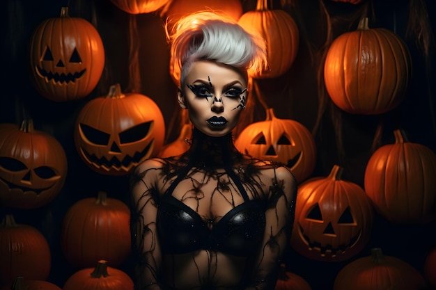 Zdjęcie kobiety w kostiumie na halloween zła dynia na dzień Halloween