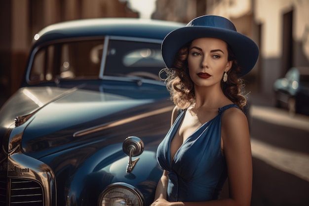 Zdjęcie kobiety w niebieskiej sukience i kapeluszu z ulicą miasta i zabytkowym samochodem