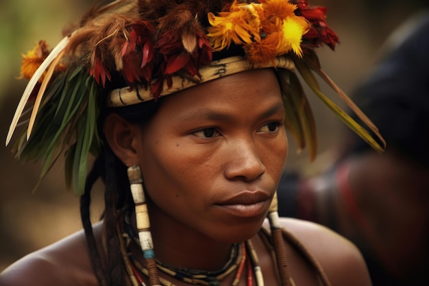 Zdjęcie kobiety z plemienia noszącej nakrycie głowy stworzone za pomocą generatywnej sztucznej inteligencji