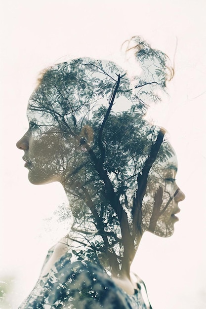 zdjęcie kobiety z podwójną ekspozycją na tle drzew