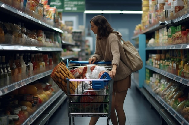 Zdjęcie kobiety z rękami ciągnie wózek pełen towarów w supermarkecie na zakupy