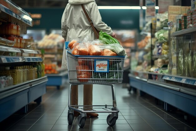 Zdjęcie kobiety z rękami ciągnie wózek pełen towarów w supermarkecie na zakupy
