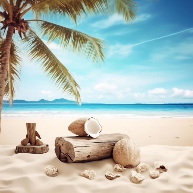 Zdjęcie kokosa pod drzewem kokosowym na plaży ilustracja wygenerowana przez ai