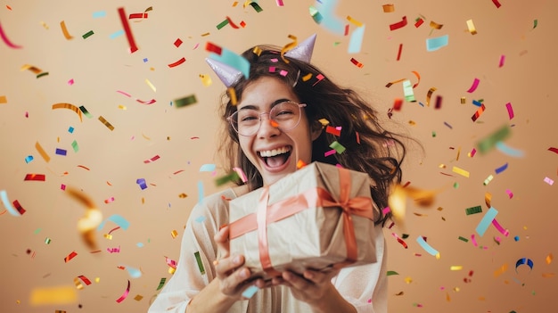 Zdjęcie kolażowe pięknej kobiety cieszącej się prezentem urodzinowym izolowane na beżowym tle pokazuje wesołą kobietę bawiącą się dzięki jej prezentowi