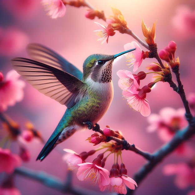 Zdjęcie kolibri z bliska na gałęzi kwiatów wiśni