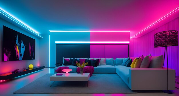Zdjęcie kolorowego i przytulnego salonu z nowoczesnymi meblami i żywym oświetleniem