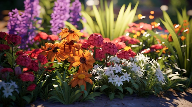 Zdjęcie zdjęcie kolorowego łóżka kwiatowego w ogrodzie