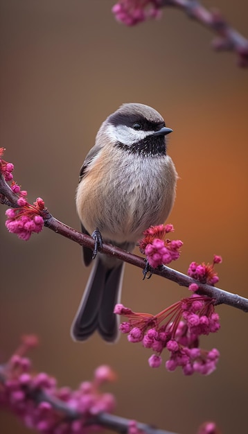 Zdjęcie kolorowej góry Boreal Chickadee siedzącej na gałęzi Generacyjna sztuczna inteligencja