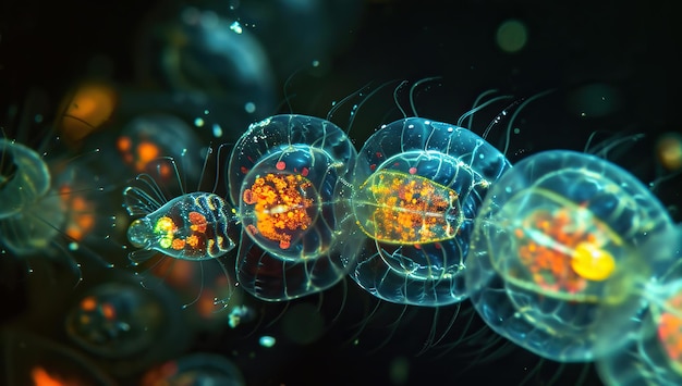 Zdjęcie kolorowych mikroskopijnych organizmów przypominających meduzę w ciemnym polu widzenia Koncepcja planktonu morskiego