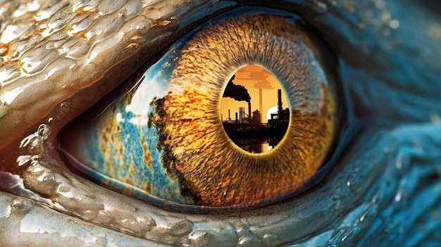 Zdjęcie koncepcyjne Zbliżenie oka zwierzęcia morskiego lub ryby odzwierciedlające rafinerię ropy naftowej zanieczyszczającą i zatruwającą wodę i powietrze odpadami Negatywny wpływ działalności człowieka na przyrodę