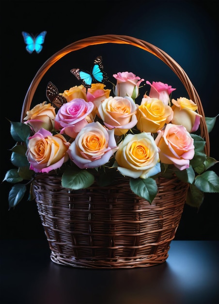 Zdjęcie zdjęcie kosza z pastelowymi kolorami różami i motylami