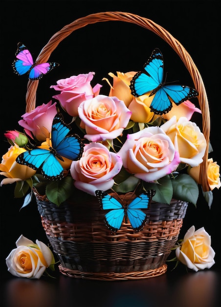 Zdjęcie zdjęcie kosza z pastelowymi kolorami różami i motylami