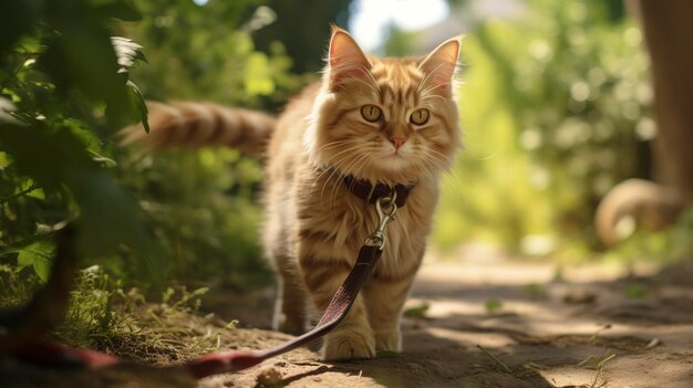 Zdjęcie kota chodzącego na smyczy na świeżym powietrzu