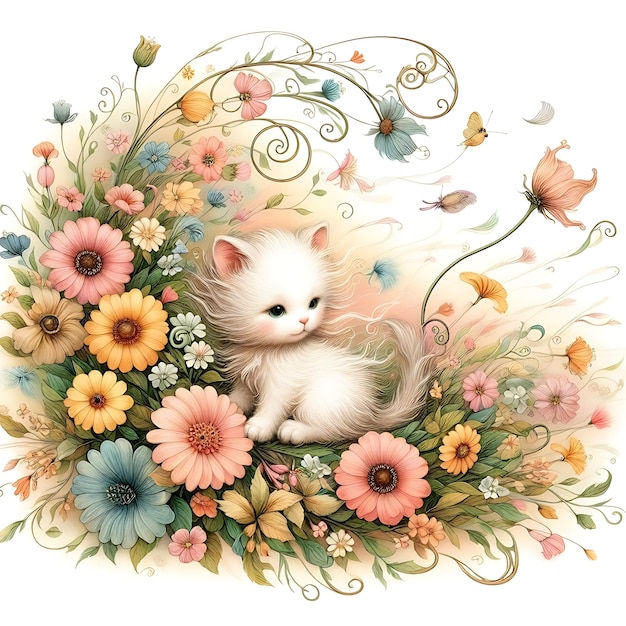 zdjęcie kota i kwiatów z kotem w środku