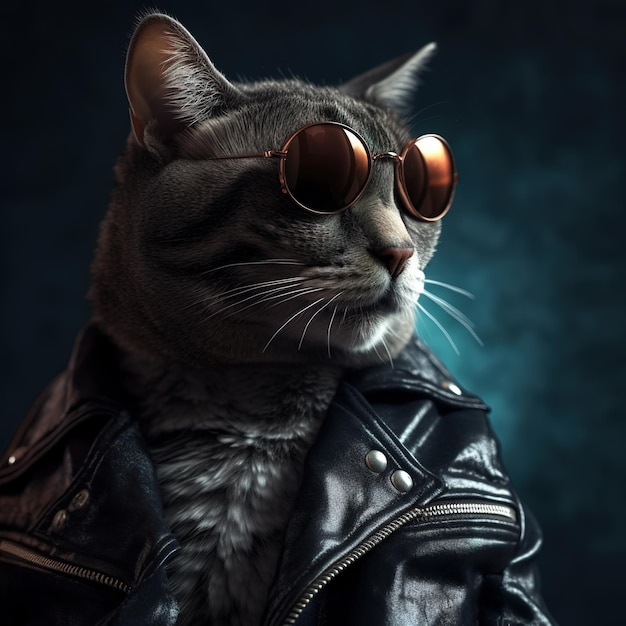 Zdjęcie kota w okularach przeciwsłonecznych i czarnej skórzanej kurtce na czystym tle Zwierzęta domowe Ilustracja Generatywna sztuczna inteligencja