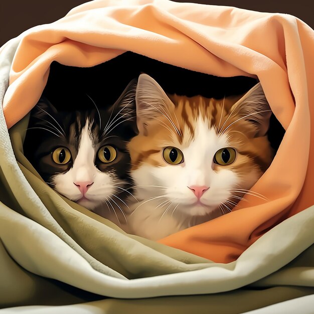 Zdjęcie kotów przytulonych do siebie w przytulnym kocyku