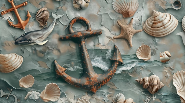 Zdjęcie zdjęcie kotwicy i muszli morskich