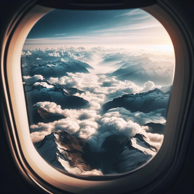 Zdjęcie krajobrazu nad chmurami z samolotu
