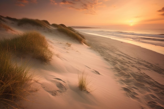 Zdjęcie krajobrazu plaży i piasku w lekko mglisty letni poranek Generacyjna sztuczna inteligencja