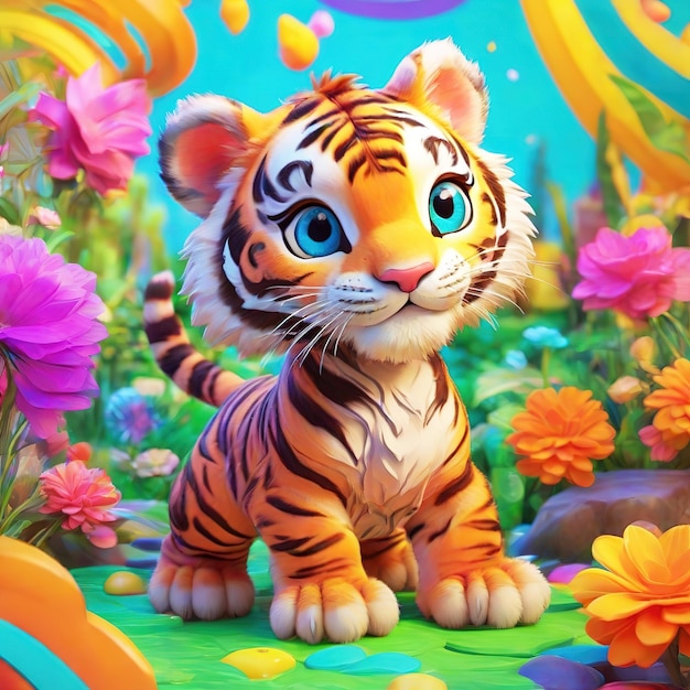 Zdjęcie kreskówki uroczego tygrysa w ogrodzie z kwiatami