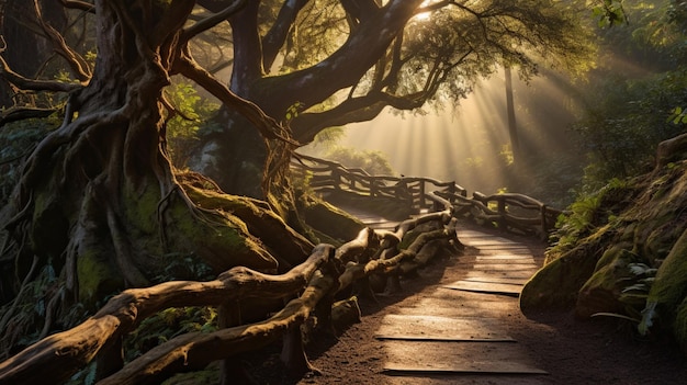 Zdjęcie krętej drewnianej ścieżki piękny obraz Ai wygenerował sztukę