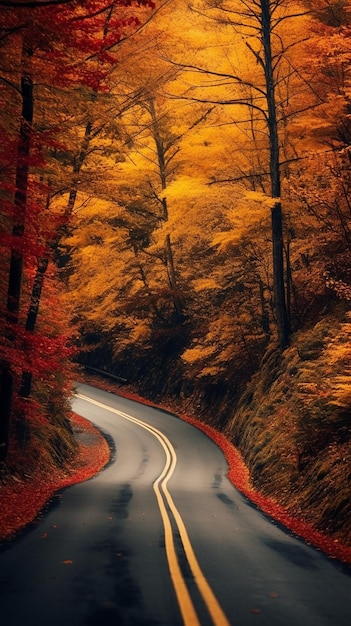 Zdjęcie krętej leśnej drogi z jesiennymi liśćmi w tle