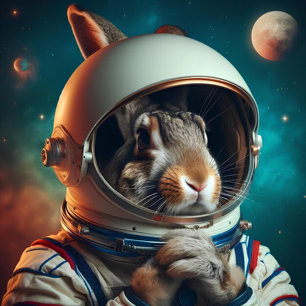 Zdjęcie zdjęcie królika w hełmie astronauta izolowanego na tle kosmicznym