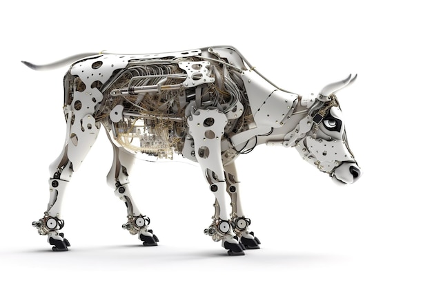 Zdjęcie krowy zmodyfikowanej w robota elektronicznego na białym tle Zwierzęta gospodarskie Ilustracja Generacyjna sztuczna inteligencja