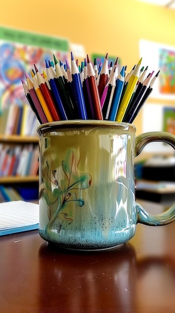 zdjęcie kubka pełnego kolorowych ołówków na biurku uczniów i umieszczonego po prawej