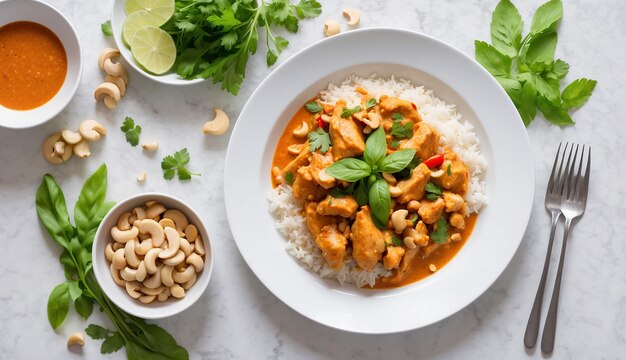 Zdjęcie kurczaka i cashew Red Curry z ryżem i ziołami, pięknie inspirowane tajskim potrawem
