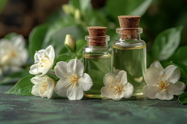 Zdjęcie kwiatów jasminu i oleju eterycznego na bujnie zielonym tle