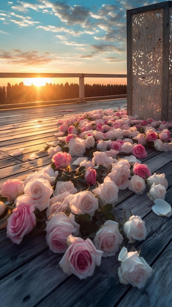 Zdjęcie kwiatów na tarasie z zachodzącym za nimi słońcem