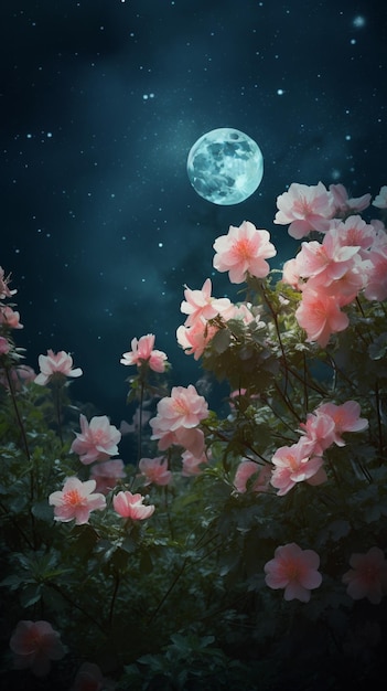 Zdjęcie kwiatów z księżycem w tle