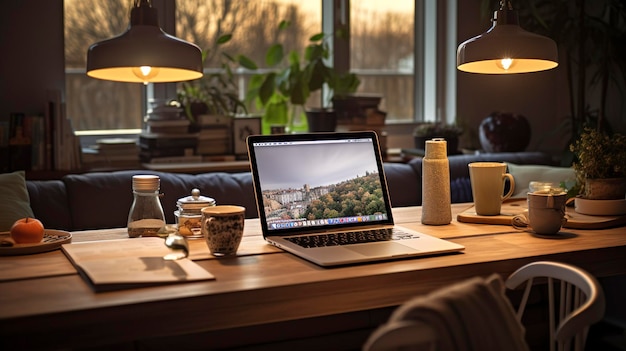 Zdjęcie laptopa i akcesoriów technologicznych w przytulnym otoczeniu