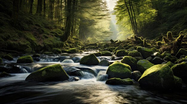 Zdjęcie lasu z pędzącymi skałami z rzeki