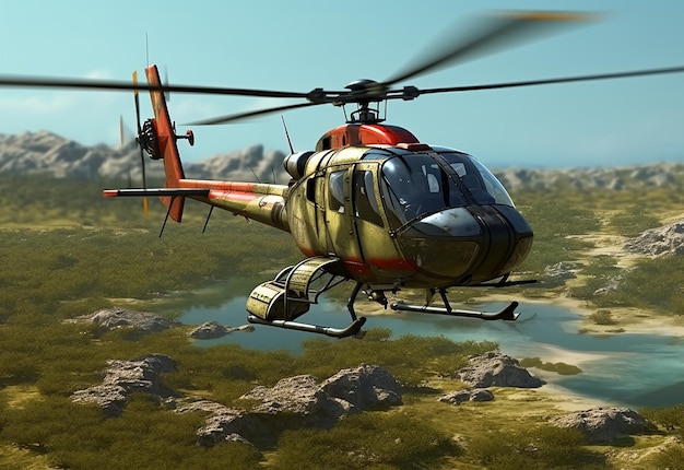 Zdjęcie latającego helikoptera wojskowego i prywatnego samolotu
